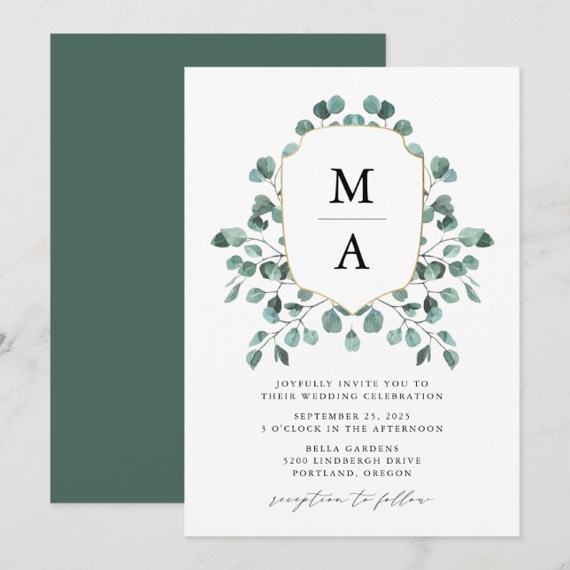 Moderne Eukalyptus Greenery Monogram Wedding Einladung (Vorne/Hinten)