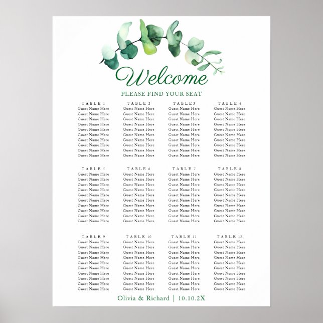 Moderne Eukalyptus-Grün-Hochzeits-Sitzplan Poster (Vorne)