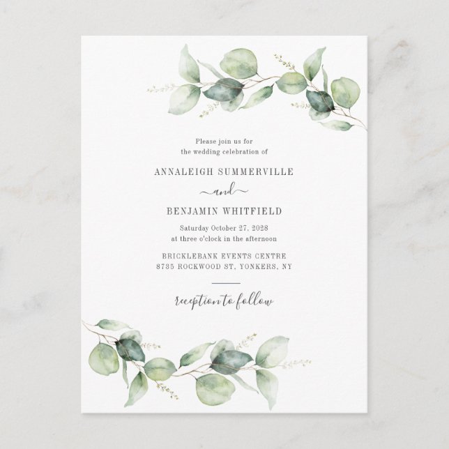 Moderne Eukalyptus Grünfoliage Rustikale Hochzeit Einladungspostkarte (Vorderseite)
