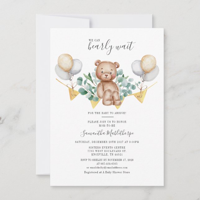 Moderne Eukalyptus Grünpflanzen Blätter Bear Baby  Einladung (Vorderseite)