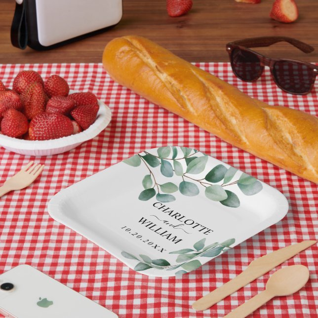 Moderne Eukalyptus-Grünzeug-Hochzeit Pappteller (Picknick)