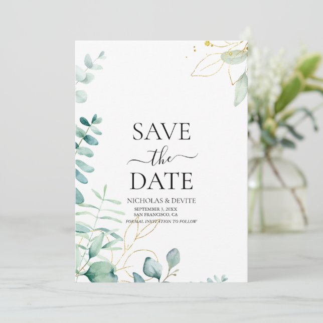 moderne Eukalyptus-Grünzeug-Hochzeit Save The Date (Stehend Vorderseite)