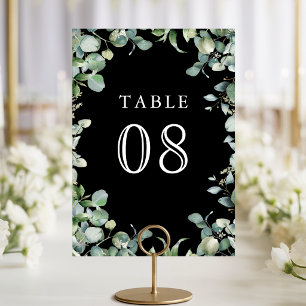 Moderne Eukalyptus-Grünzeug Schwarze Hochzeit Tischnummer