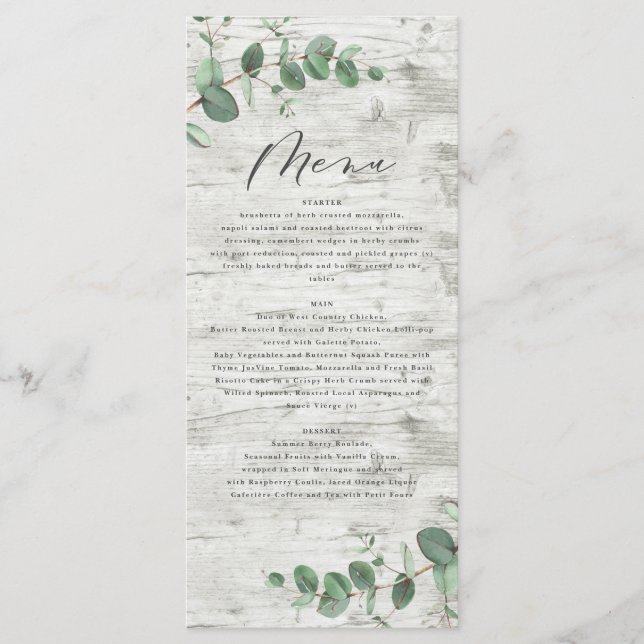 Moderne Eukalyptus-Hochzeit mit weißem Holz Menükarte (Vorderseite)