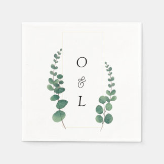 Moderne Eukalyptus-Kalligrafie-Monogramm-Hochzeit Serviette