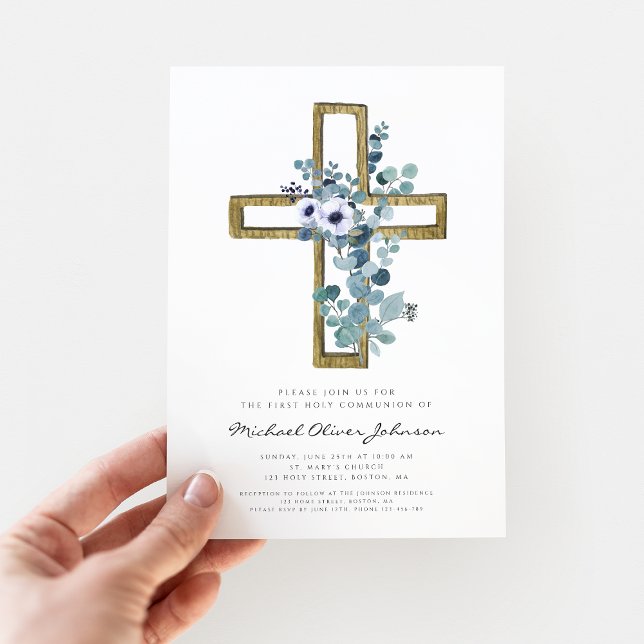 Moderne Eukalyptus kreuzen Religiöse Erste Kommuni Einladung (Modern Eucalyptus Cross Religious First Communion Invitation)