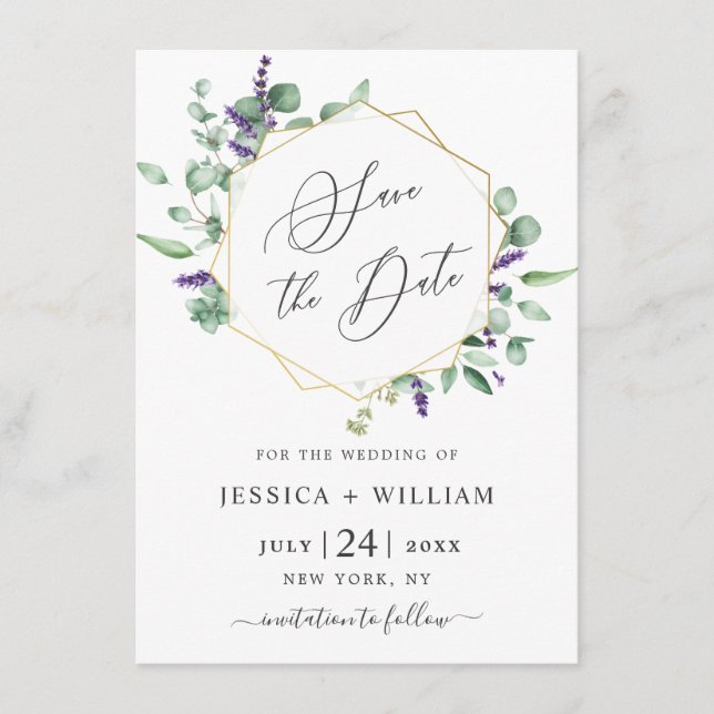 Moderne Eukalyptus Lavender Foliage FOTO Wedding Save The Date (Vorderseite)
