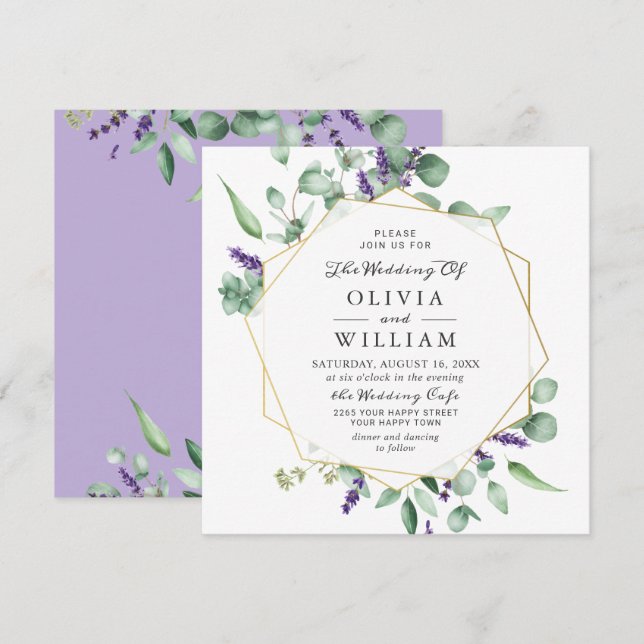 Moderne Eukalyptus Lavender Geometric Frame Weddin Einladung (Vorne/Hinten)