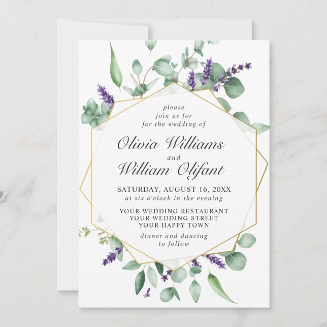 Moderne Eukalyptus Lavender Geometric Frame Weddin Einladung (Vorderseite)