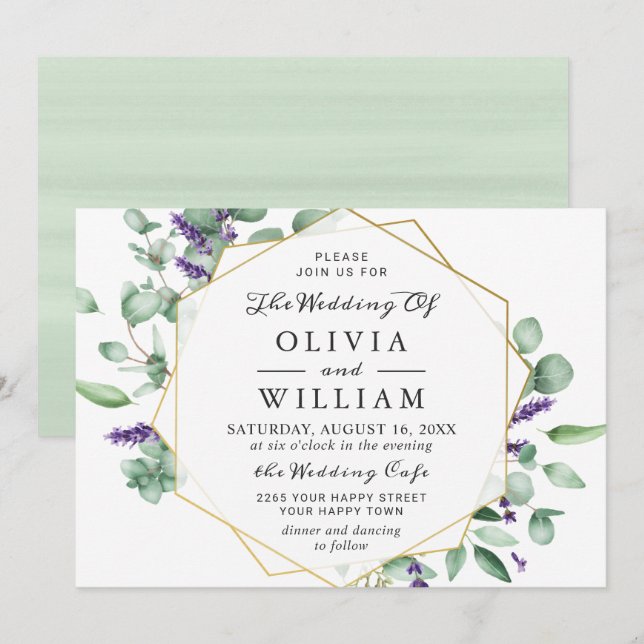 Moderne Eukalyptus Lavender Geometric Frame Weddin Einladung (Vorne/Hinten)