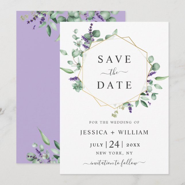Moderne Eukalyptus Lavender Geometric Frame Weddin Save The Date (Vorne/Hinten)
