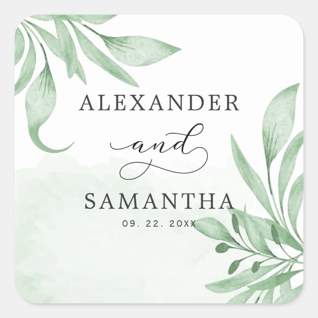 Moderne Eukalyptus-Minimalistische Hochzeit Quadratischer Aufkleber (Vorderseite)