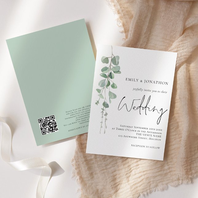 Moderne Eukalyptus QR Code Skript Hochzeit Einladung (Front and back view)