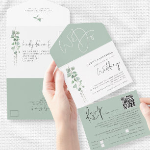Moderne Eukalyptus-Schrift QR-Code-Hochzeit All In One Einladung