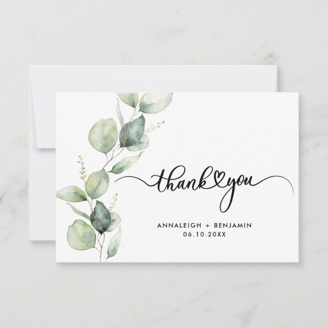 Moderne Eukalyptus Script Watercolor Wedding Dankeskarte (Vorderseite)