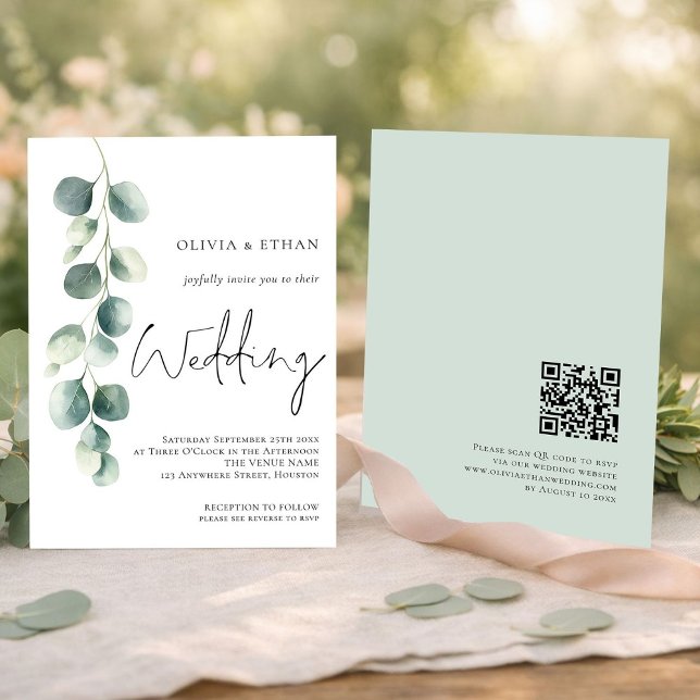 Moderne Eukalyptus-Skript-QR-Code-Sage-Hochzeit Einladung (Front and back view)