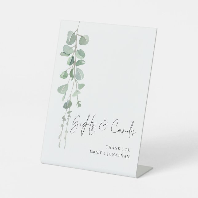 Moderne Eukalyptus-Skriptkarten Hochzeiten Sockelschild (Vorderseite)