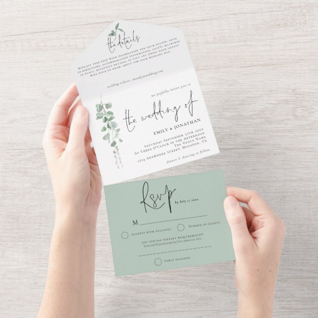 Moderne Eukalyptus-SkriptWedding All In One Einladung (Abreißen)