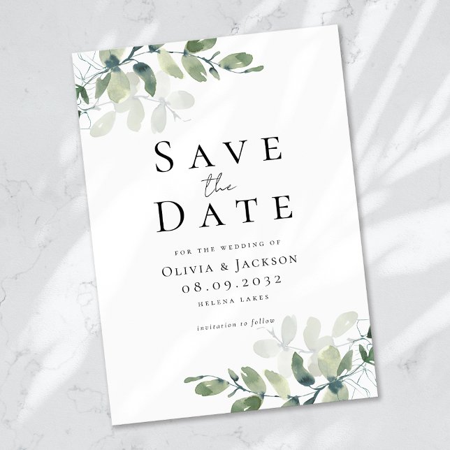 Moderne Eukalyptus-Typografie Save The Date (Von Creator hochgeladen)