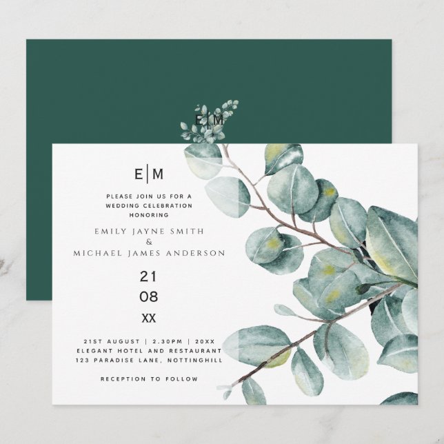 Moderne Eukalyptus Verlasse Grüne Wedding Einladun Einladung (Vorne/Hinten)