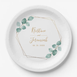 Moderne Eukalyptus Watercolor Gold Script Wedding Pappteller