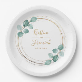 Moderne Eukalyptus Watercolor Gold Script Wedding Pappteller
