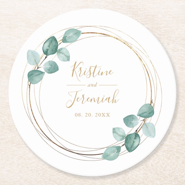 Moderne Eukalyptus Watercolor Gold Script Wedding Runder Pappuntersetzer (Vorderseite)