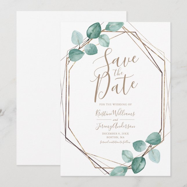 Moderne Eukalyptus Watercolor KupferskriptWedding Save The Date (Vorne/Hinten)