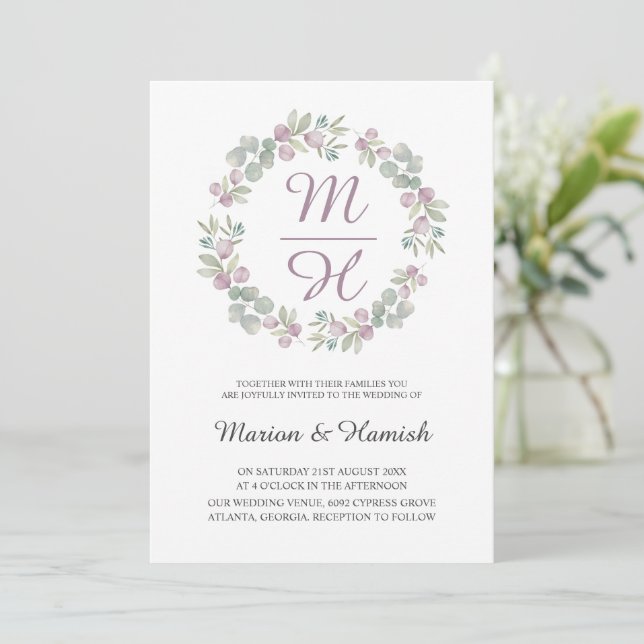 Moderne Eukalyptus Watercolor Wreath Wedding Einladung (Stehend Vorderseite)