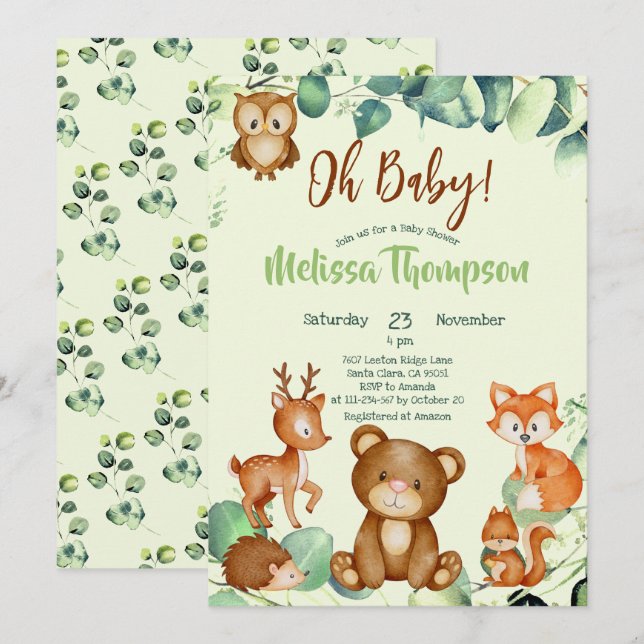 Moderne Eukalyptus Woodland Animals Forest Friends Einladung (Vorne/Hinten)