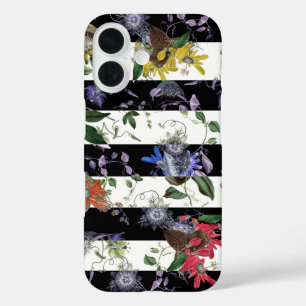 Moderne exotische Blume Schwarz-weiße Streifen iPhone 16 Hülle