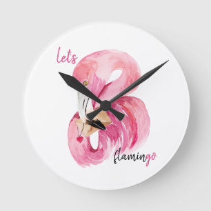 Moderne exotische Rosa Flamingo Wasserfarbe Runde Wanduhr