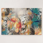 Moderne exotische tropische Wasserfarben<br><div class="desc">Große orangegelbe Blumen schmelzen zu einem geheimnisvollen grauen Hintergrund. Dunkelblaue Blätter aus Palmen fügen Textur hinzu. Das komplexe tropische Aquarelldesign schafft ein schwieriges Puzzle für Erwachsene,  das zusammen spielt. Groß mit über 1000 Stücken.</div>