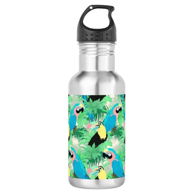 Moderne exotische Vögel & Foliage Tropical Design Edelstahlflasche (Vorderseite)