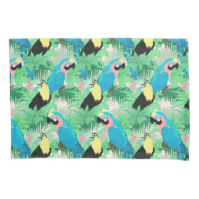 Moderne exotische Vögel & Foliage Tropical Design Kissenbezug (Vorderseite-Links)