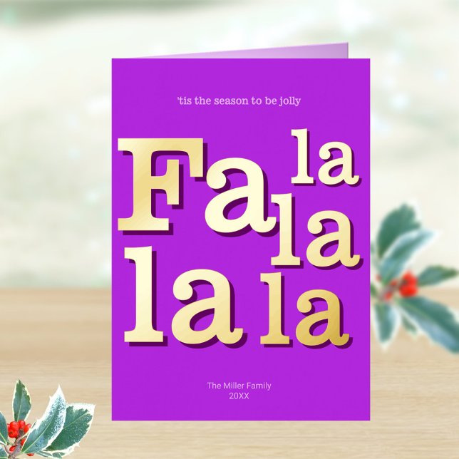 Moderne Fa La Lila Einfach Minimal Chic Gold (Real gold foil printing adds a little glam to these personalized purple folded Christmas cards)
