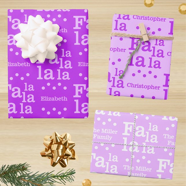 Moderne Fa La Lila Simple Add Name Weihnachten Geschenkpapier Set (Festive purple Christmas gift wrap sheets with the option to add up to 3 names, one per sheet)