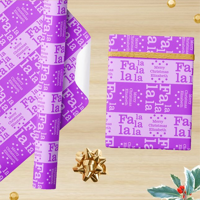 Moderne Fa La Lila Simple Christmas Add Name Geschenkpapier (A bold graphic holiday design and unexpected purple makes this Christmas wrapping paper fun)