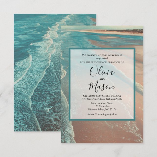 Moderne Fade Tropical Beach Sea Wedding Card Einladung (Vorne/Hinten)