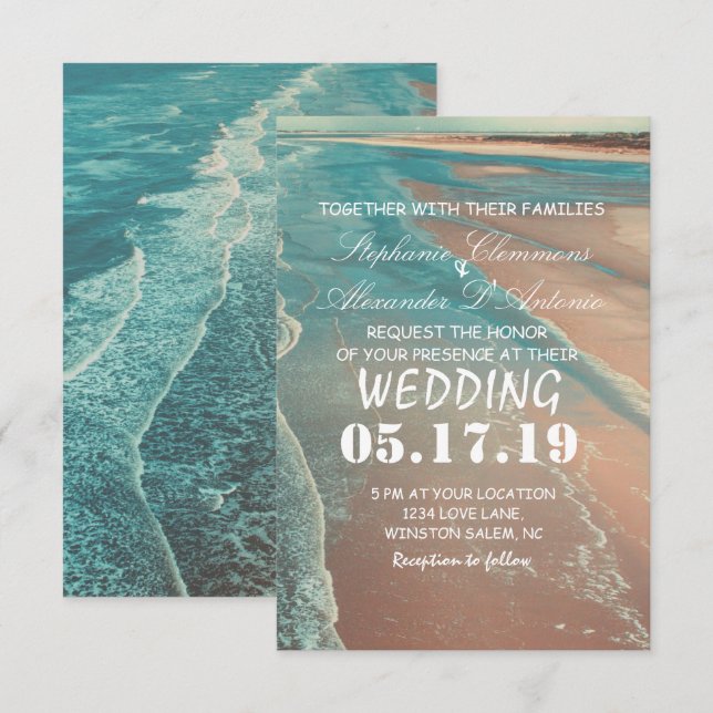 Moderne Fade Tropical Beach Sea Wedding Card Einladung (Vorne/Hinten)