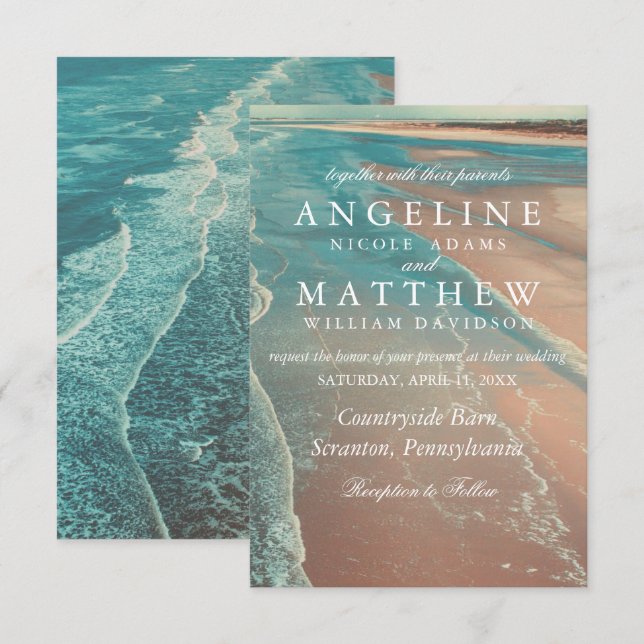 Moderne Fade Tropical Beach Sea Wedding Card Einladung (Vorne/Hinten)