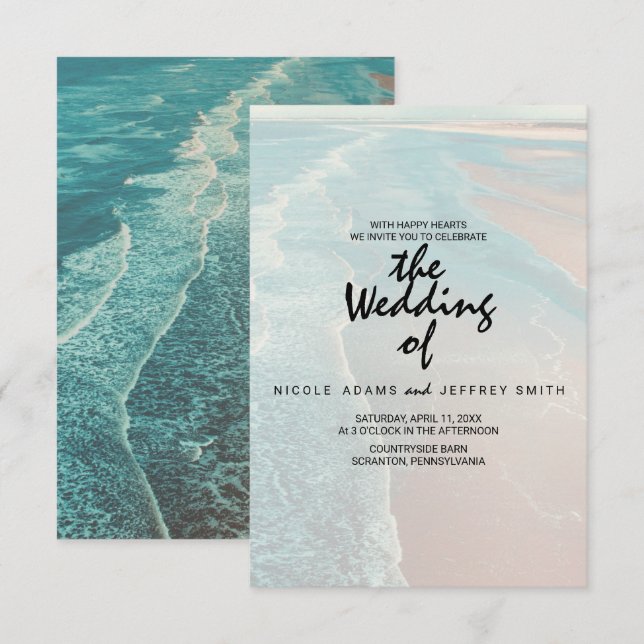 Moderne Fade Tropical Beach Sea Wedding Card Einladung (Vorne/Hinten)