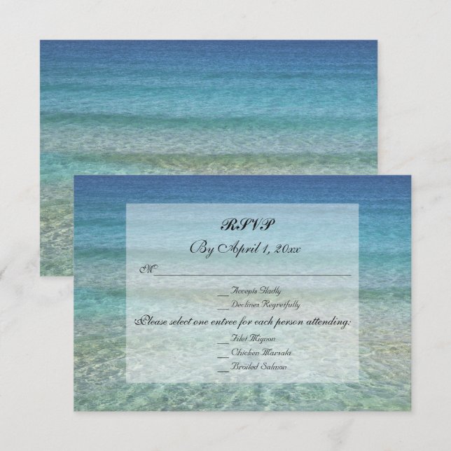 Moderne Fade Tropical Beach Sea Wedding RSVP Einladung (Vorne/Hinten)