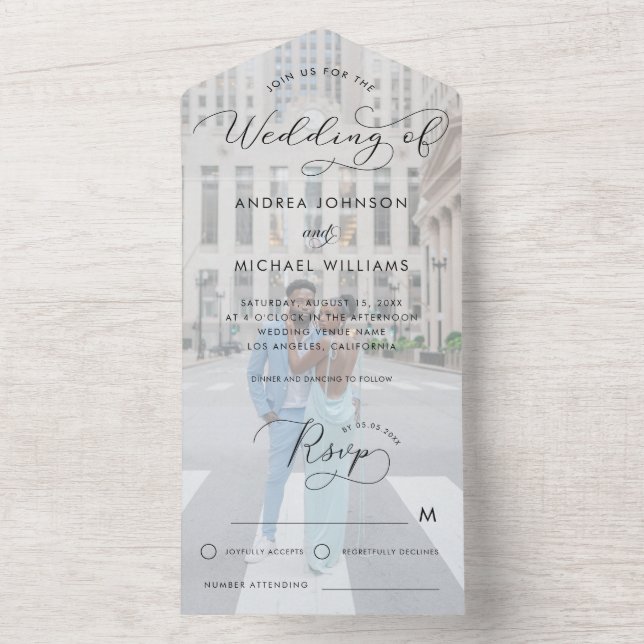 Moderne Faded Foto Script Foto Hochzeit All In One Einladung (Innen Boden)