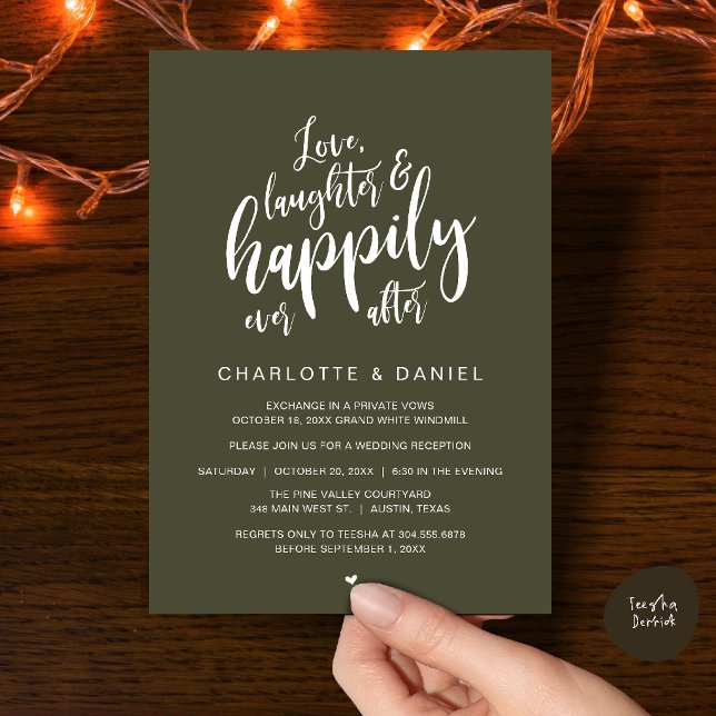 Moderne Faire-Part de Mariage Rustique Script Pour (Modern Rustic Script Love Laughter and Happily Ever After Wedding Invitation Card in Olive Green)