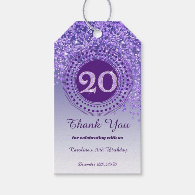 Moderne fallende lila Glitter 20. Geburtstag Geschenkanhänger (Vorderseite)