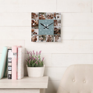 Moderne Familie 12 Collage Monogram Sage Green Quadratische Wanduhr