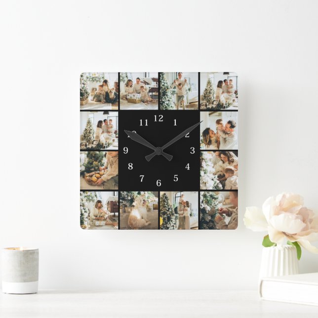 Moderne Familie 12 Foto Collage Black Keepake Quadratische Wanduhr (Zuhause)