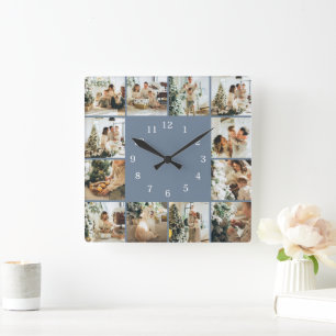 Moderne Familie 12 Foto Collage Dusty Blue Keepake Quadratische Wanduhr