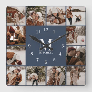 Moderne Familie 12 Foto Collage Monogram Navy Blue Quadratische Wanduhr